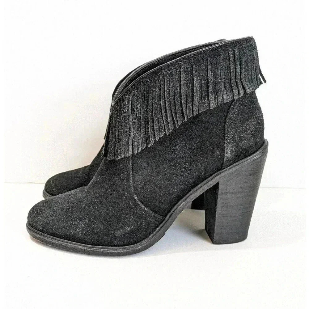 Joie Loren Black Fringe Suede Heeled Boots Bootie Sz 38 US 8 Western Ankle Boot